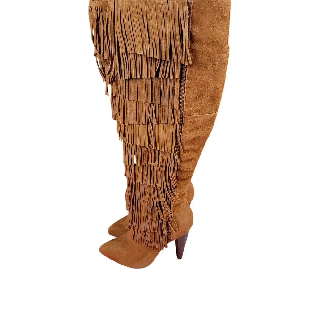 Steve Madden Maraka Fringe Over The Knee Boots Chestnut Suede Womens 6 New